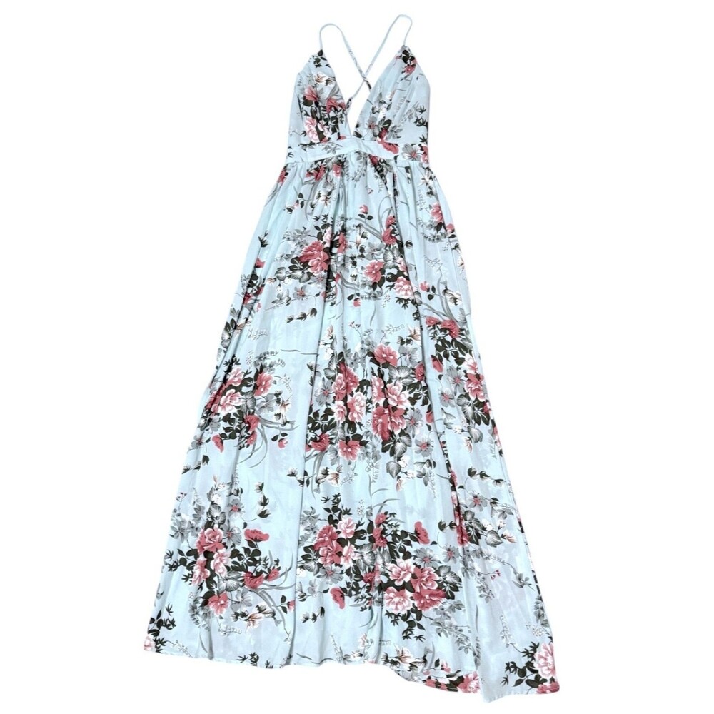 Shein Plunge Maxi Dress Strappy Blue Boho Floral Flowy Sundress Sleeveless Small